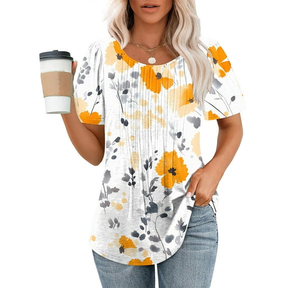 Ayolanni Women's Blouses Short Sleeve White Floral Print Round Neck T-Shirts Shirts for Ladies L
