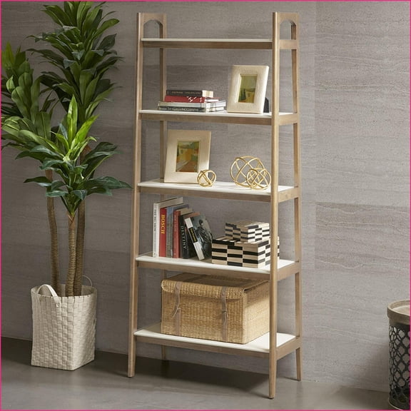 Bookshelf, Mid-Century Modern 5-Shelf with Solid Wood Frame & Off-White Shelves | Off-White Natural | Wood