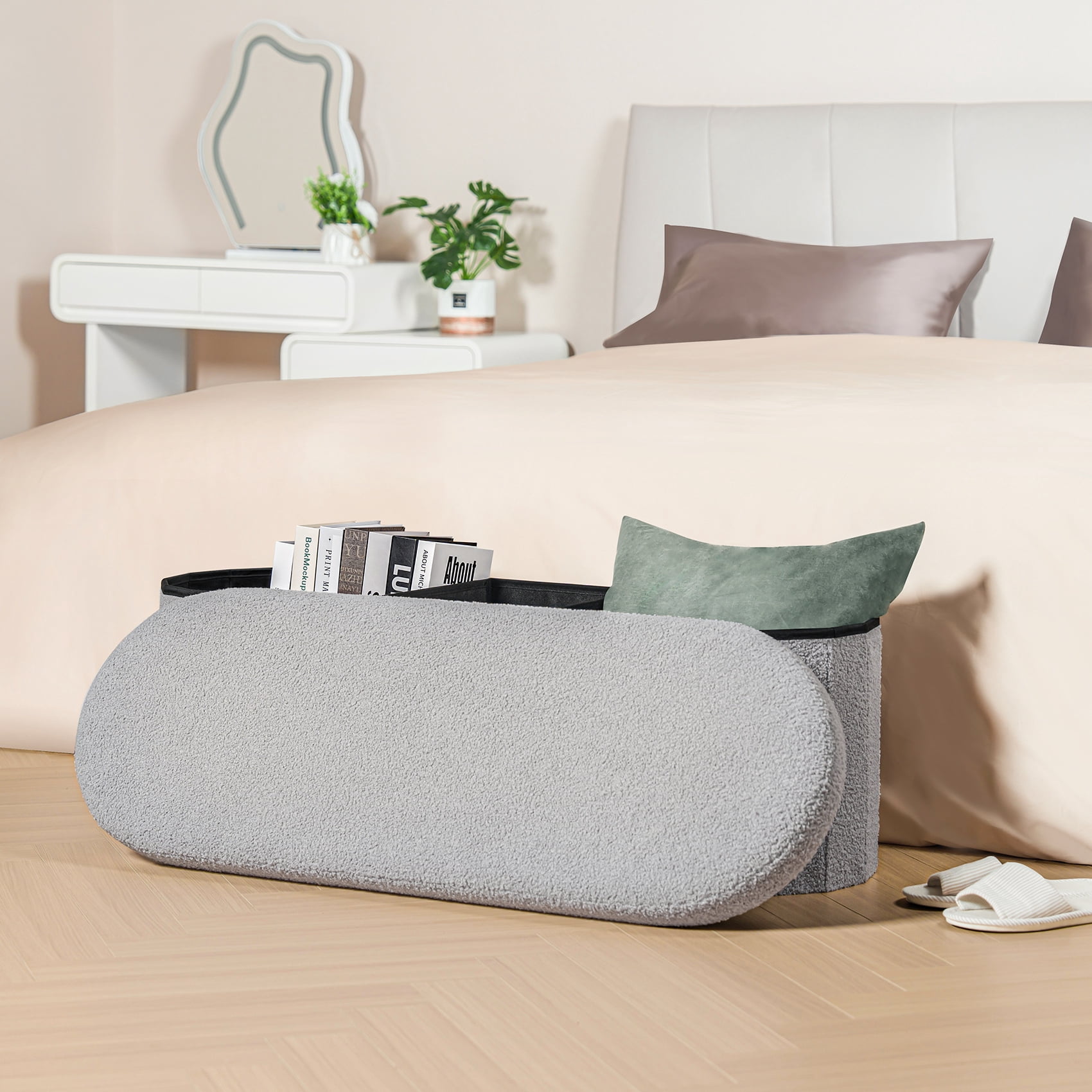 PINPLUS Storage Ottoman Bench Tufted Oval Ottoman Bench Foot Rest Velvet Bench with Storage 43" Grey