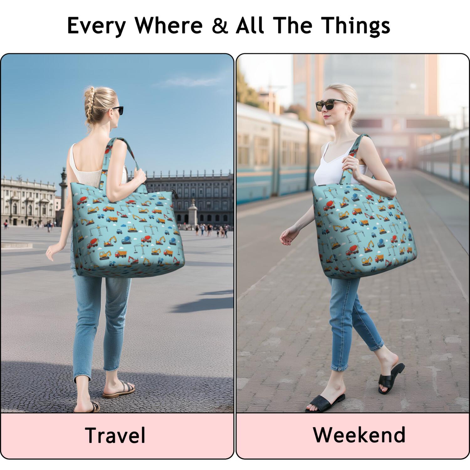 Cartoon Construction Vehicles Cranes Blue Pattern Travel Tote Bags for Women Carry On,Large Weekender Bags for Women Travel,Multi Functional Duffle Bag for Work,Shopping,Sports