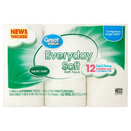Great Value Everyday Soft Toilet Paper, 12 Double Rolls