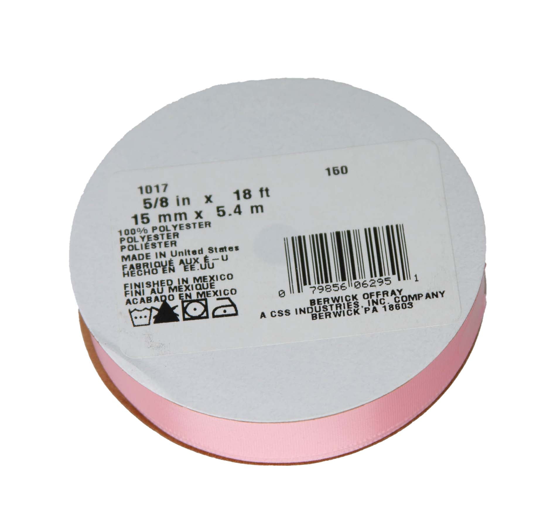 Offray Ribbon, Pink 5/8 inch Single Face Satin Polyester Ribbon, 18 feet