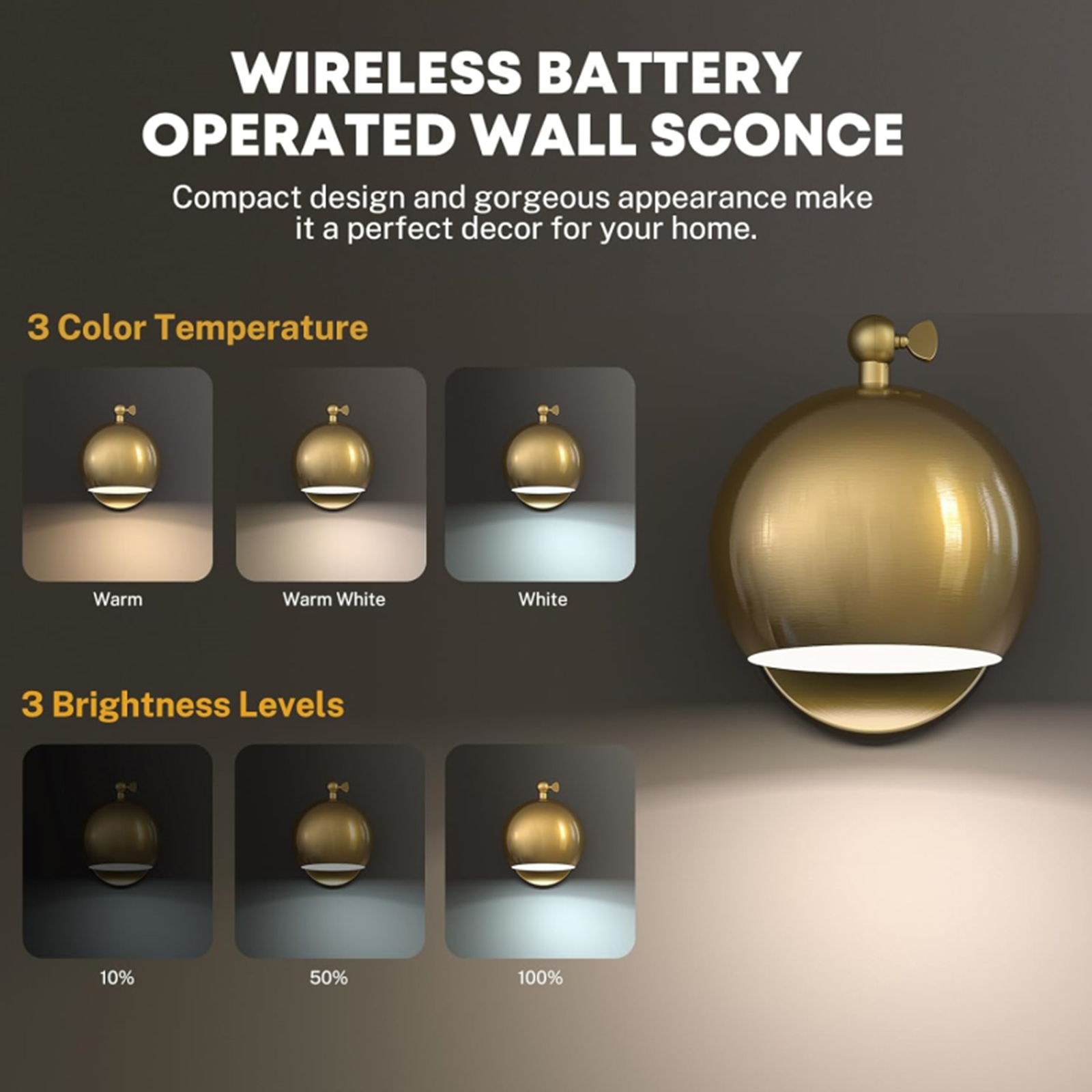 PatioGem Modern Dimmable 2-Light LED Gold Cafeteria, Bedroom Battery Operated Wall Sconces (2 Count)