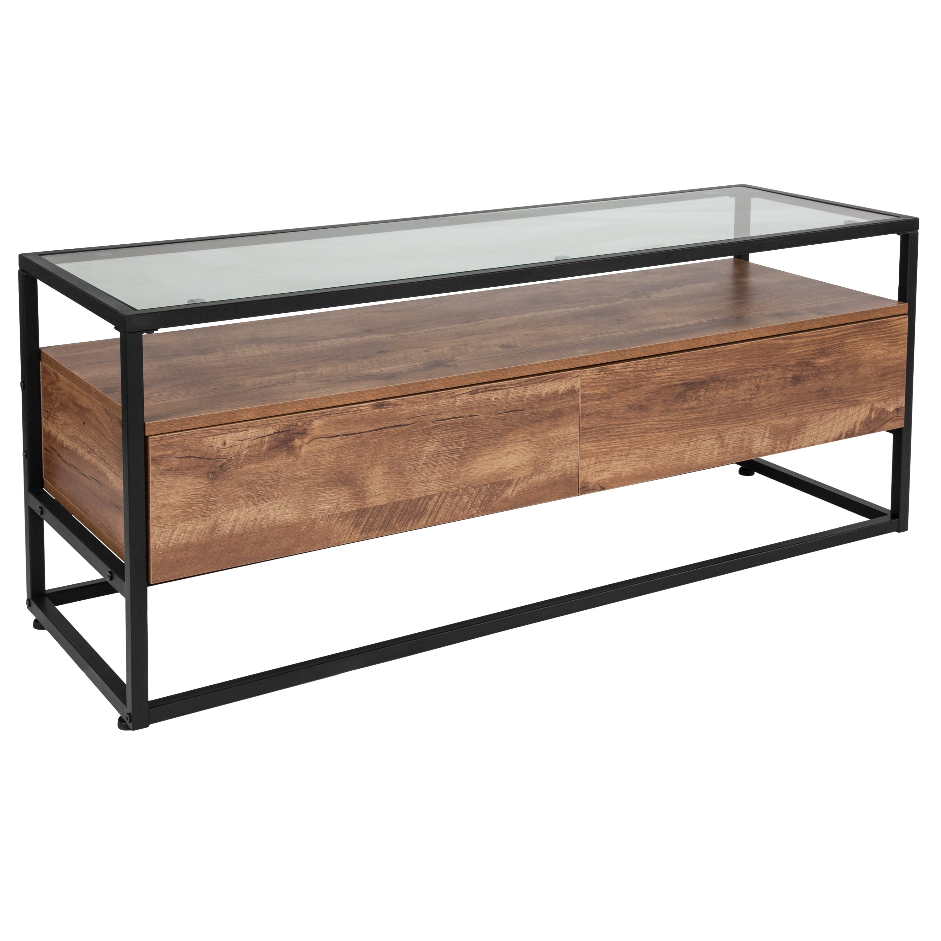 Flash Furniture Cumberland Collection Glass Coffee Table with Two Drawers and Shelf in Rustic Wood Grain Finish