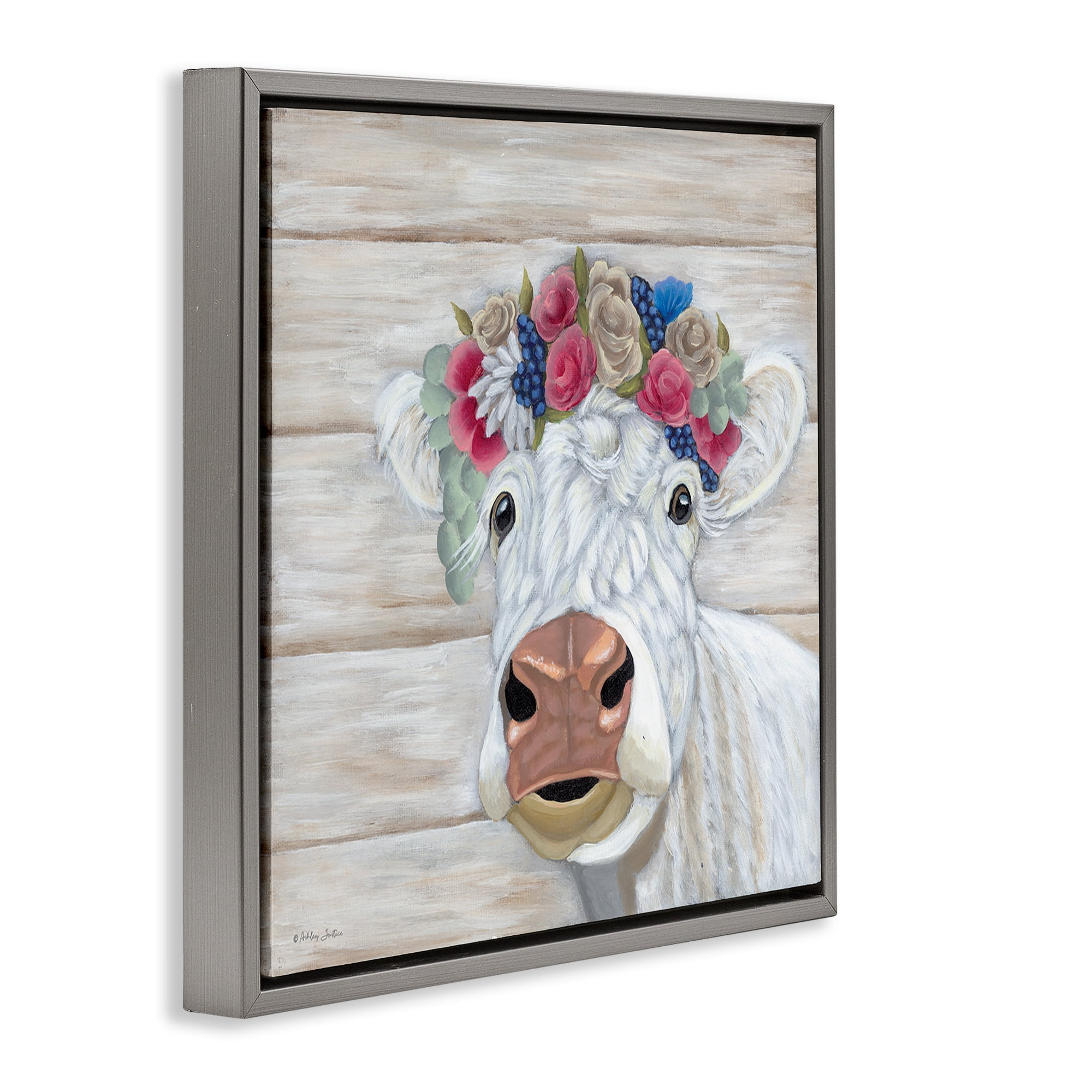Stupell Industries Rustic Cow Flower Crown Animals & Insects Painting Gray Floater Framed Canvas Art Print Wall Art, 18 x 18