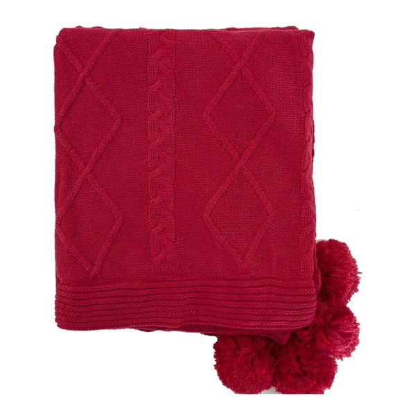 Luxe Faux Fur Cable Knit Reversible Pom Pom Cozy Throw Blanket - 50" x 60" (Red)