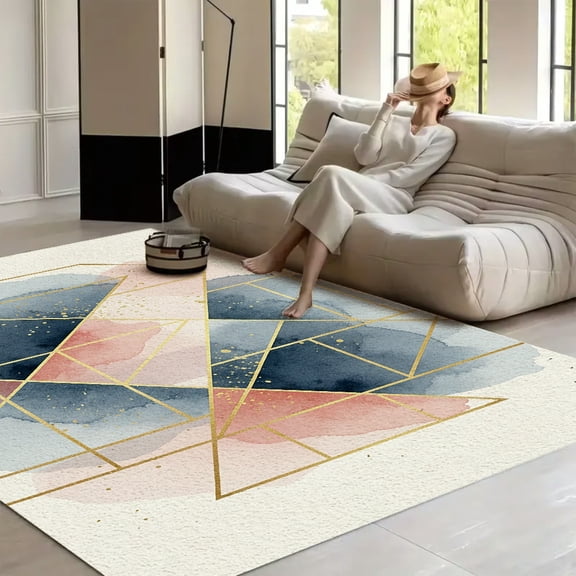 RKSupls 4x3ft Abstract Blush Pink and Navy Geometric - Soft Fluffy Velvet Area Rug for Living Room Bedroom, Non-Slip Washable Carpet, Chic Minimalist Home Decor