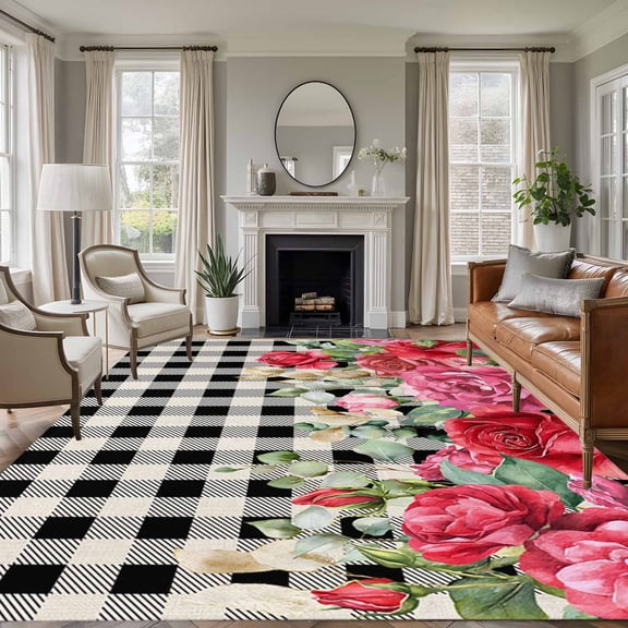 Area Rug for Living Room, Pink Roses Valentine's Day Non-Slip Indoor Large Carpet for Bedroom/Dining Room, Black White Plaid Spring Floral Washable Low-Profile Rectangle Floor Runner Rugs - 5 x 7 Ft