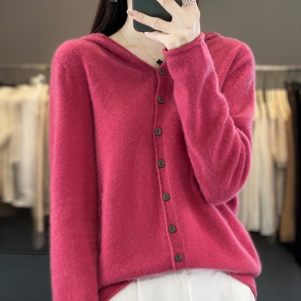 Chaqueta tipo suéter de cachemira con capucha y sin costuras confeccionada para mujer de pura lana merino australiana