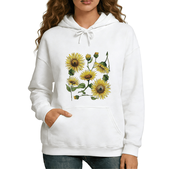 White Garden Sunflower Hoodie Women Floral Illustration S-2XL Tops