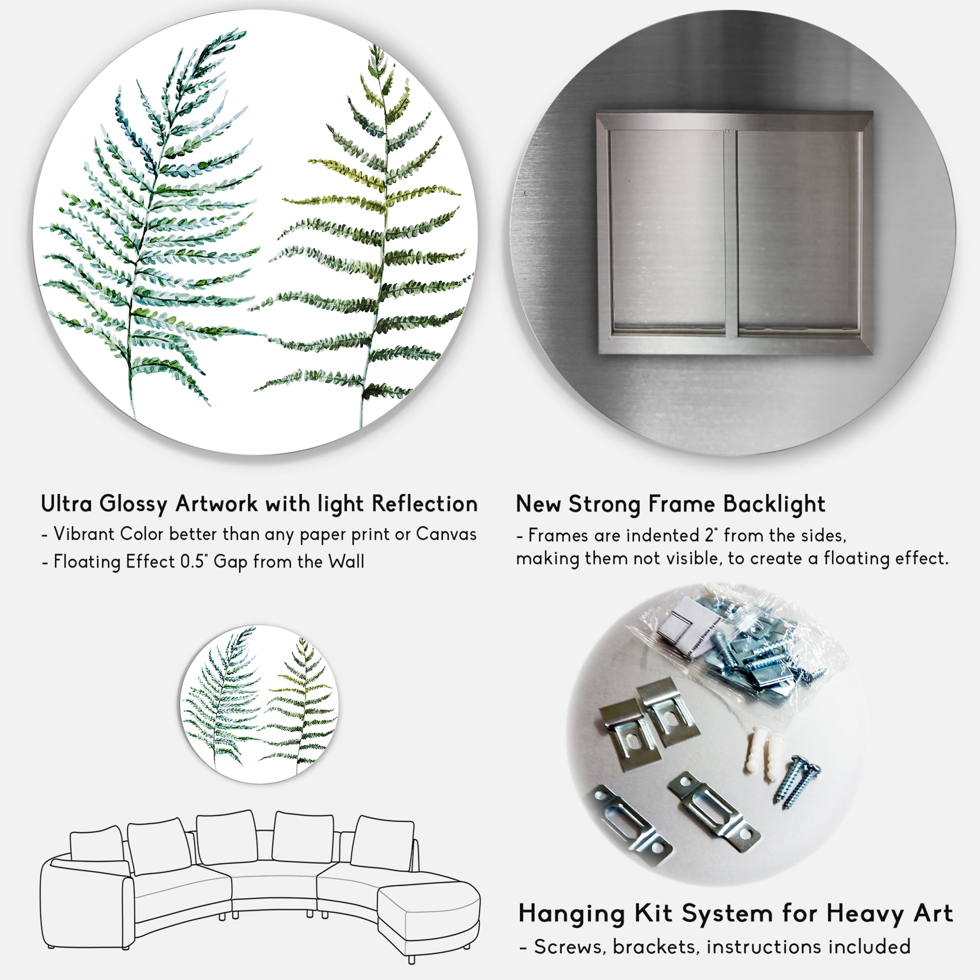 Designart 'Two Fern Leaves On White' Farmhouse Circle Metal Wall Art 36x36 - Disc of 36