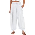 thumbnail image 2 of Women's Casual Pants Womens Elastic Waisted Pleated High Waisted Wide Leg Pants Loose Casual Cotton And Linen Cropped Pants Beach Casual Pants,White Women's Casual Pants XXXL, 2 of 4