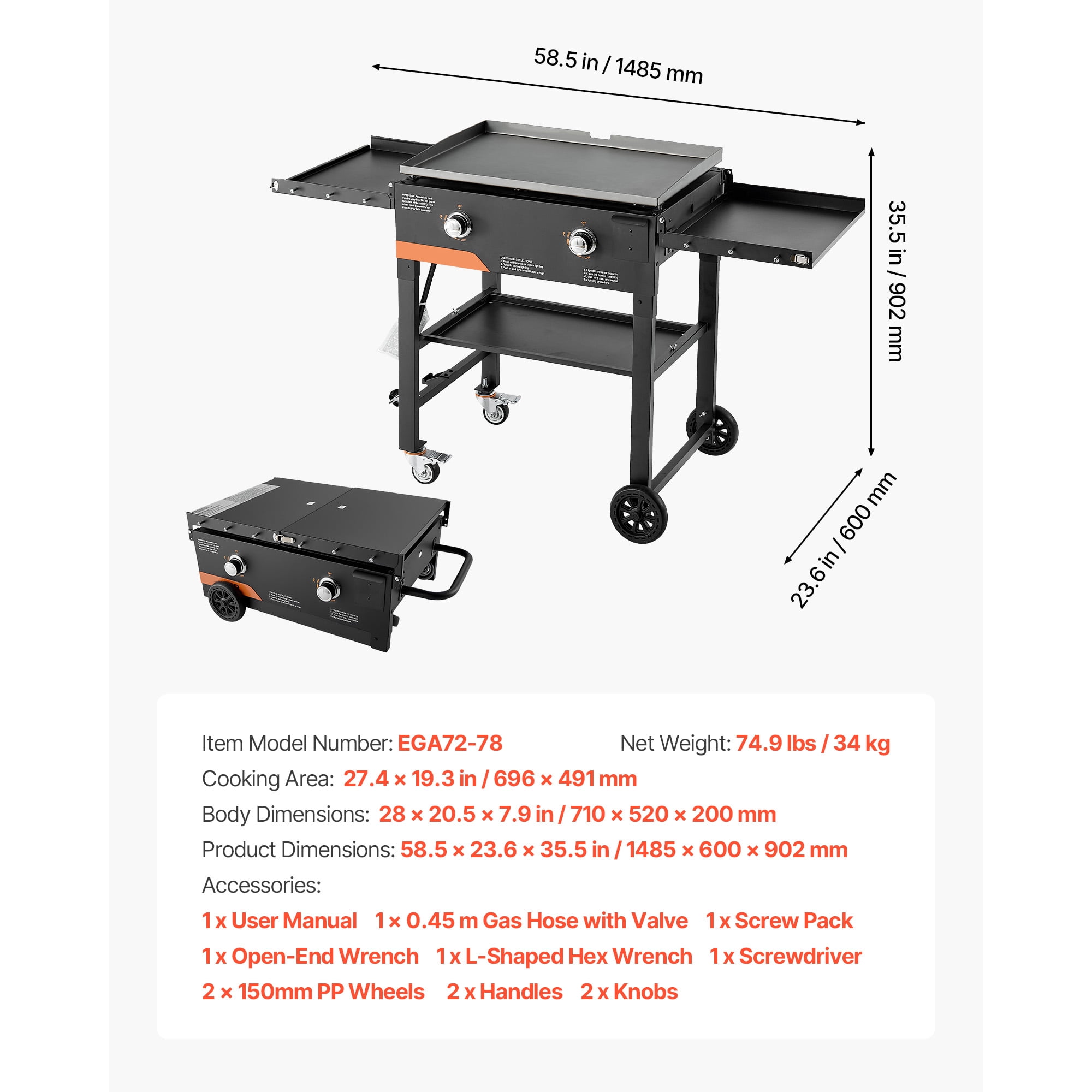 KFFKFF 28-Inch Gas Griddle with Dual Burners, Foldable Flat Top Grill with Wheels, 30000 BTU Propane Griddle for Outdoor Cooking, Ideal for Frying, Grilling, Stir-Frying, and BBQ, Pulse Ignition