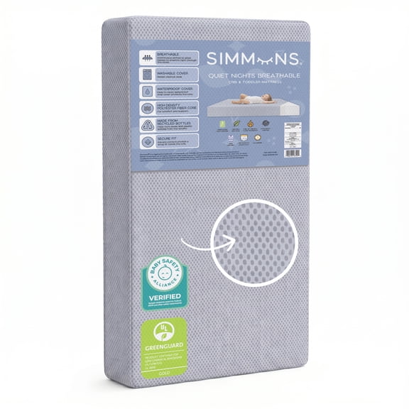 Simmons Kids Quiet Nights Breathable Baby Bed Crib Mattress and Toddler Mattress with Removable/Machine Washable Cover - GREENGUARD Gold – Waterproof - Sustainably Sourced Core Fiber Core, Blue