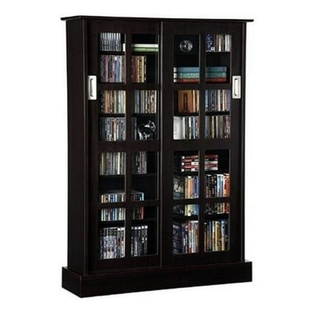 Espresso Sliding Door Media Cabinet - Bowery Hill Windowpane Sliding Glass Door Media Cabinet in Espresso
