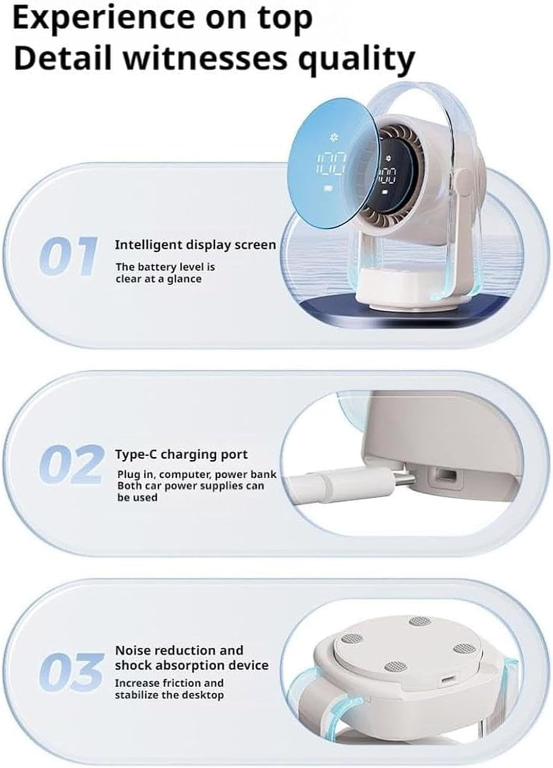 Portable Desk Fan, USB Rechargeable Turbo Table Fan for Desk, Quiet Desktop Air Circulator with 360° Adjustable Rotate, Battery Powered Fan with LED Display for Bedroom, Office, Kitchen
