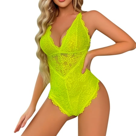 

adviicd Womens Lingerie Women Snap Crotch Lingerie Lace Bodysuit Deep V Teddy One Piece Mesh Sleepwear Mint Green L