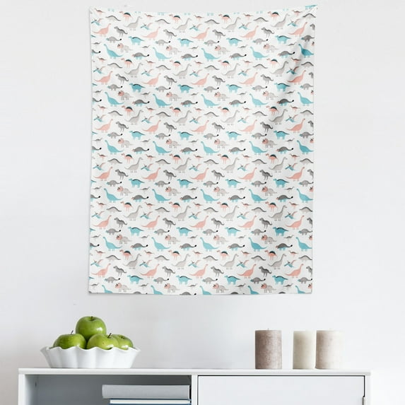 Dinosaur Tapestry, Triceratops Stegasaurus Velociraptors in Cartoon Style Mesozoic Era Animals, Fabric Wall Hanging Decor for Bedroom Living Room Dorm, 5 Sizes, Multicolor, by Ambesonne