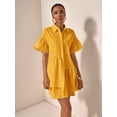 thumbnail image 6 of Yellow Solid Front Button Ruffle Hem Short Sleeve Shirt Dress For Women, 6 of 8
