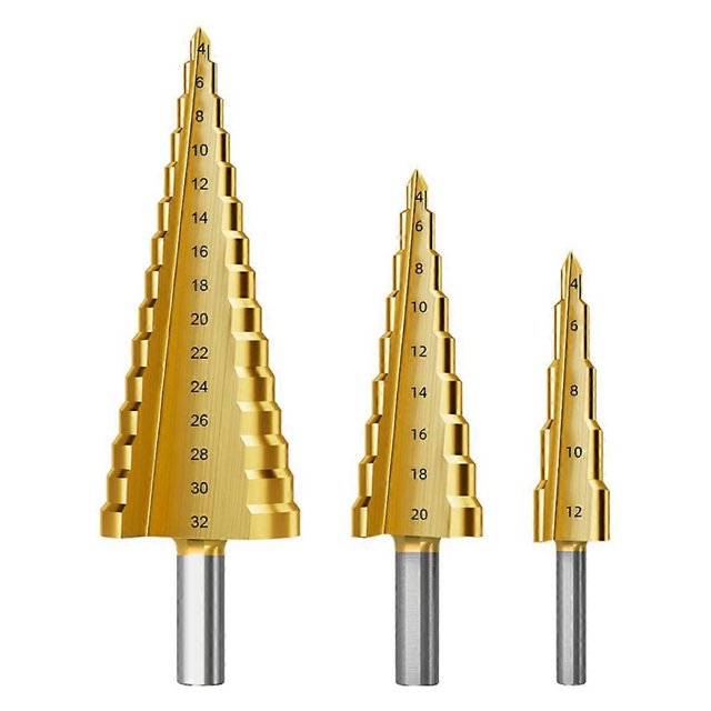 Step Drill Bit Set, 3Pcs Titanium Step Drill Bits, Metric 4mm to 32mm HSS6542 Drill Cone Bits for Me
