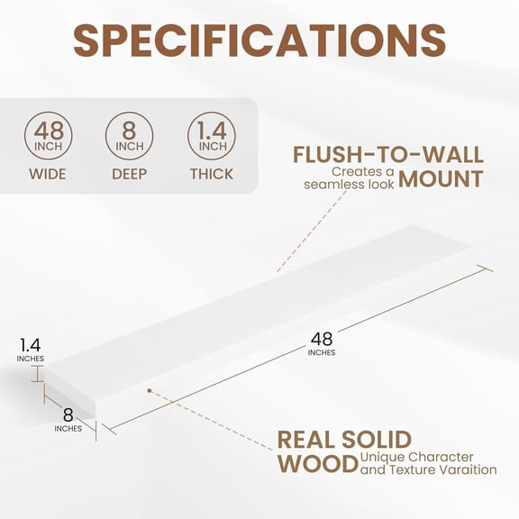 Rustic Real Wood Floating Shelves, 8 Inch Deep Floating Shelf Wall Mounted, 48" W x 8" D Wall Shelves Storage Shelves for Living Room, Bedroom, Bathroom, White Finish, Set of 1