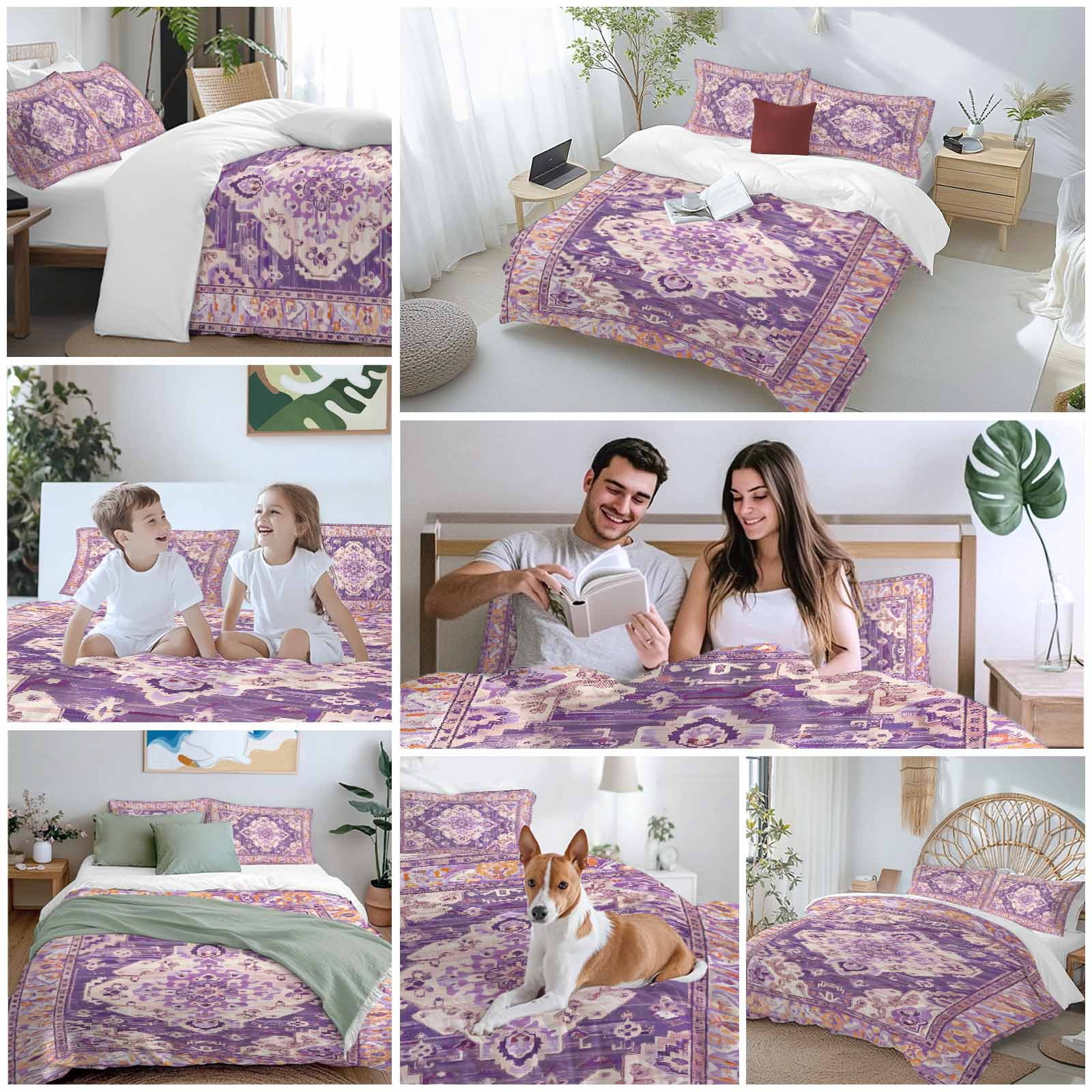 Purple Orange Boho Bedding 3 Piece Duvet Cover Set California King, Ethnic Geometric Middle Century Art Soft Microfiber Comforter Cover with Zipper Closure & Pillowcases, FadeResistant Quilt Cover