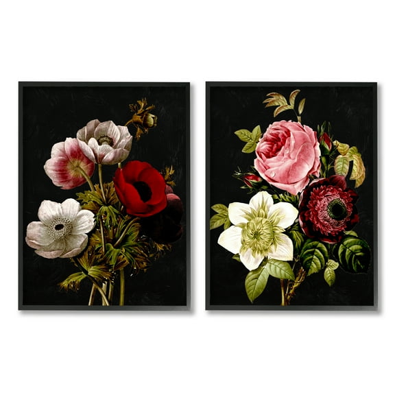 Stupell Industries Vintage Blooms on Black Botanical & Floral Painting Black Framed Art Print Wall Art, 11 x 14, Set of 2
