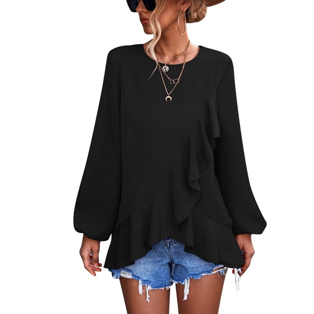 Top con dobladillo con volantes para mujer, cuello redondo, suave, agradable para la piel, moda, manga larga, para viajes de trabajo, negro L
