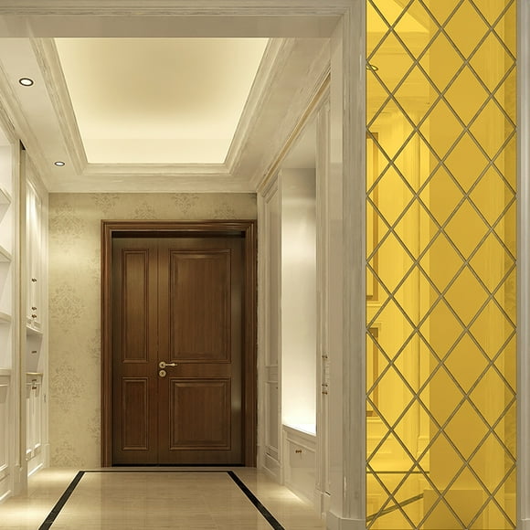 OUNONA 17Pcs Set Golden Rhombus Mirror Panels Peel and Stick Acrylic Bathroom Wall Decor