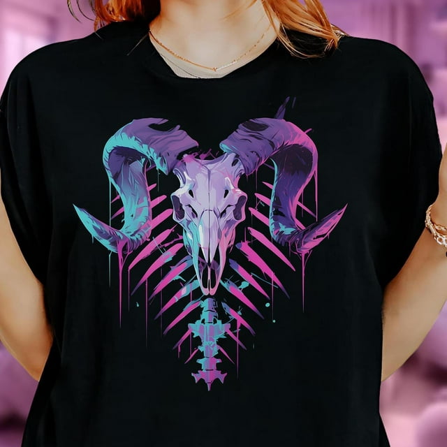 Neon Ram Skull T-Shirt, Pastel Goth Shirt with Ribcage, Gothic & Y2K Dark Fantasy T-SHIRT, - As Picture - 3XL
