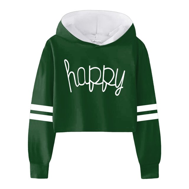 MIASHUI Sweat à Capuche Décontracté pour Filles, Imprimé Lettre, Rayé, Crop Top, Vert, 10-12 Ans