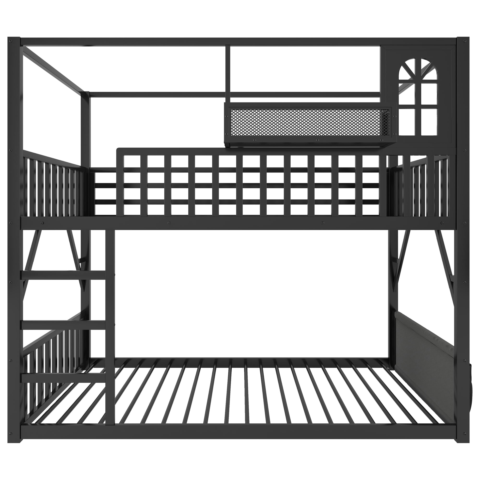 HOQBN Floor Bunk Bed Twin Over Twin,Metal Low Bunk Bed Frame with Storage Shelves and Storage Bag,Black