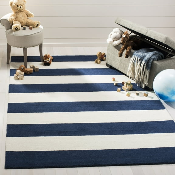 SAFAVIEH Kids Rugby Striped Wool Area Rug, Navy/Ivory, 9' x 12'