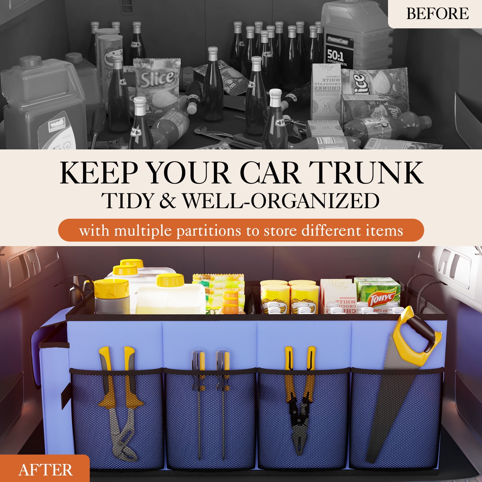 HOTOR Trunk Organizer for Car and SUV - Large-Capacity Car Organizer with Multiple Compartments, Foldable Car Organization for Car Accessories, Tools, Sundries, Blue