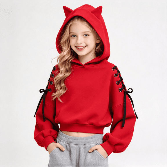 Girls Trendy Cropped Hoodie Casual Long Sleeve Cute Regular Fit Kids Pullover Sweatshirt Red 5-14 Years