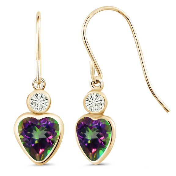 Gem Stone King 14K Yellow Gold Green Mystic Topaz and White Moissanite French Wire Dangle Hook Earrings for Women (2.10 Cttw, Gemstone Birthstone, Heart 6MM, Round 3MM)