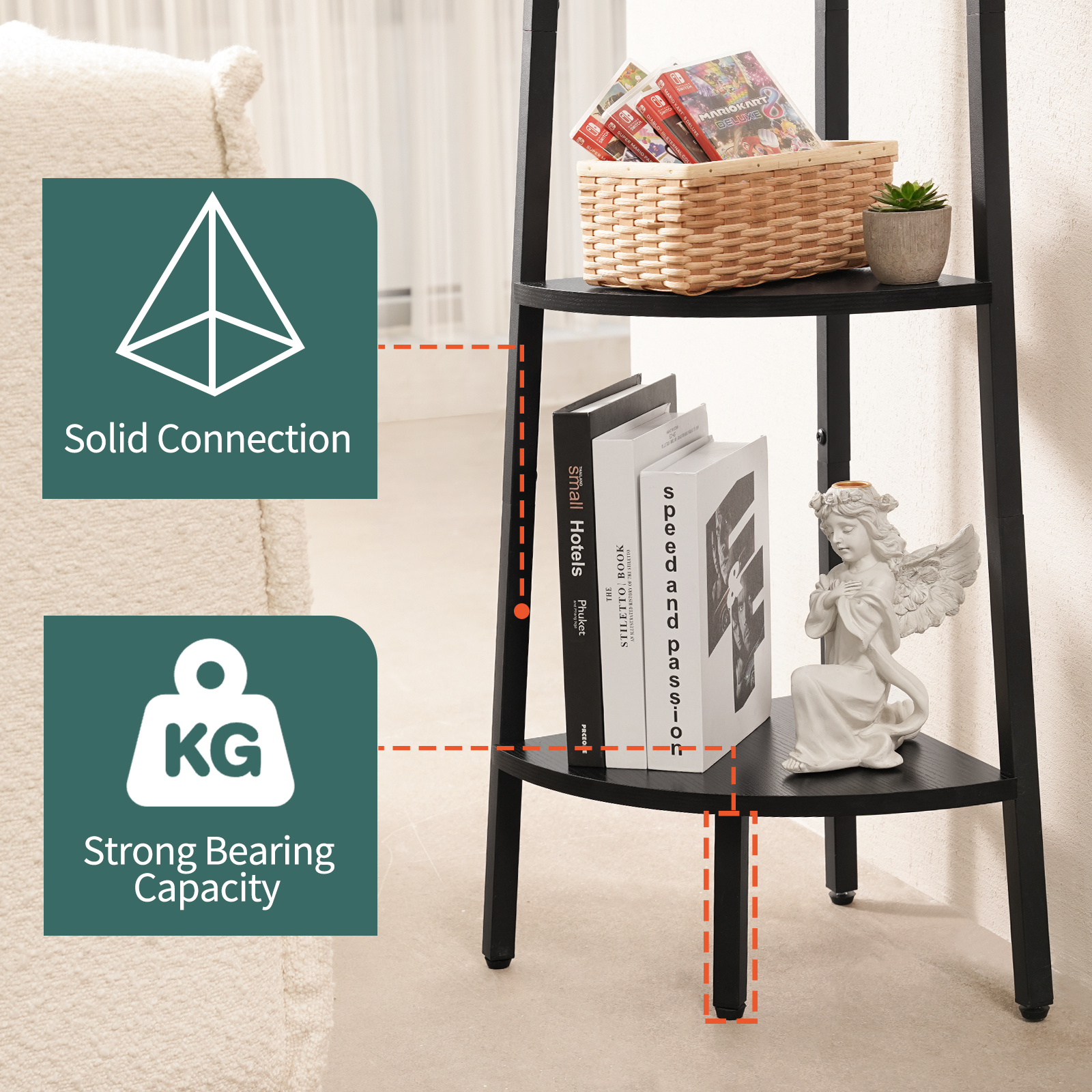 Yoobure 4-Tier Corner Bookshelf with Metal Frame, Black photo 2