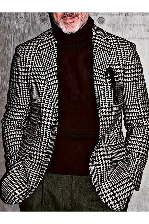 Men's Houndstooth Plaid Blazer Jacket Notched Lapel Single Breasted Slim Fit Business Sport Coat Formal Wedding Prom Tuxedo Jacket