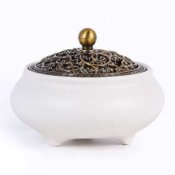 Cuenco de conos de quemador de incienso de cerámica con tapa de metal + rejilla para incienso de calabaza + algodón ignífugo. Uso para incienso en varilla/bobina/conos de salvia/incienso.(W