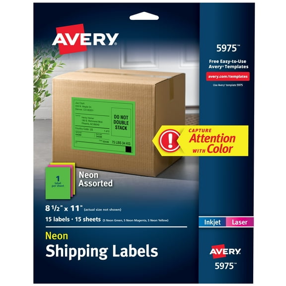 Avery Shipping Labels, 8-1/2" x 11", Assorted Neon, 15 Total (5975)