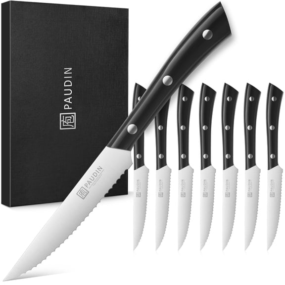 PAUDIN 8-Piece Razor-Sharp Steak Knife Set, 4.5" High Carbon Stainless Steel with Full Tang ABS Handle
