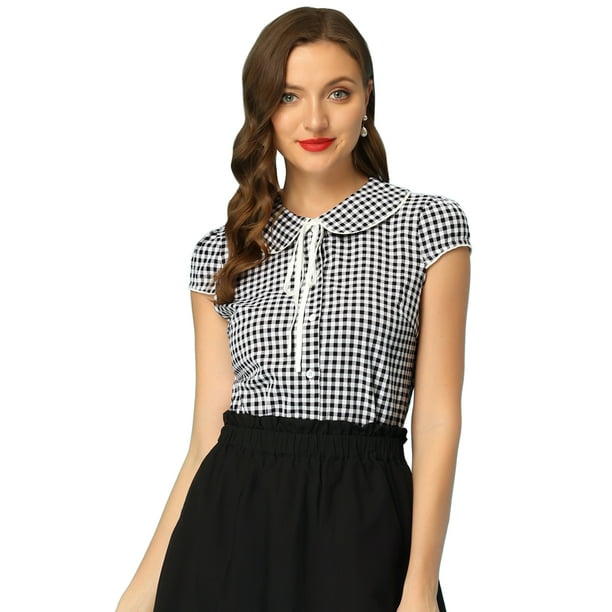 Top a cuadros para mujer con cuello de corbata y cuello Peter Pan