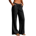 thumbnail image 5 of Nestiefly Linen Pants Women Wide Leg Palazzo Pant Drawstring Elastic Waist Trousers Casual Boho Summer Pants Beach Vacation Black L, 5 of 7