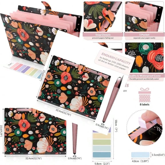 SKYDUE Expanding File Folder with 5 Pockets Floral Accordion File Organizer for Important Document Portable Receipt Paper Organizer School Office plies Black