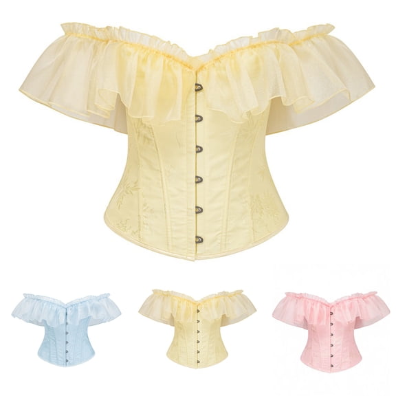 Gaukiv Womens Corset Tops Off Shoulder Ruffle Bustier Lace Up Shapewear Flared Sleeve Silhouette Adjustable Back Lacing Structured Boning Yellow L