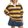 thumbnail image 2 of Women Long Sleeve Striped Polo Shirt Oversized Collar Y2k Pullover T Shirt Casual Loose Streetwear Rugby Sweatshirt，Yellow，S, 2 of 7