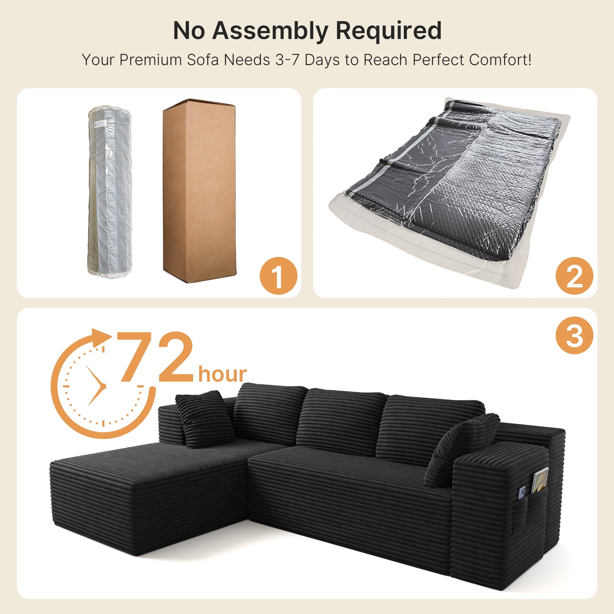Lofka 105" L-Shaped Sectional  Sofa, 4-in-1 Modular Sofa Bed with Deep Seat, No Assembly Velvet for Living Room Office, Black