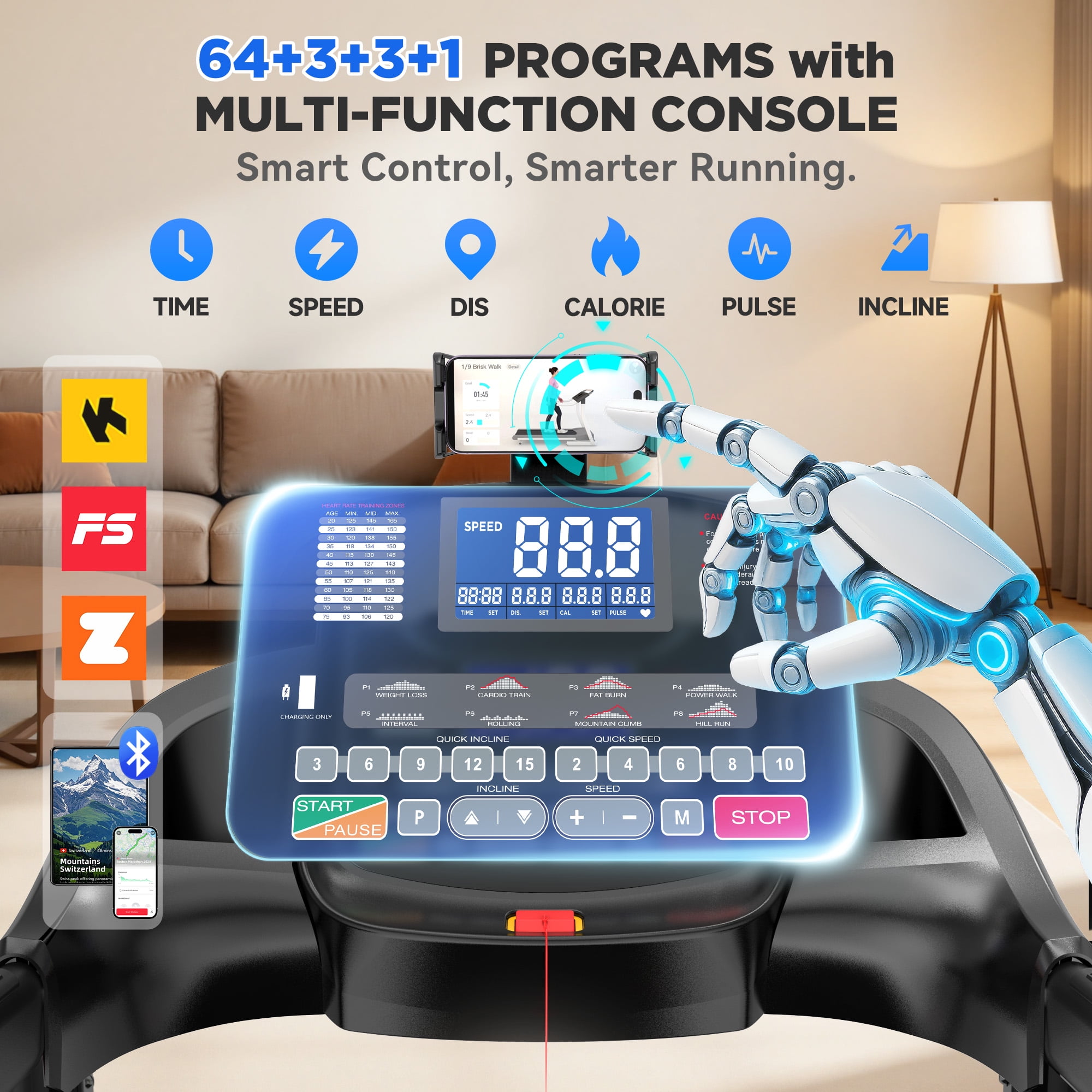 4.5HP Folding Treadmill for Home with 15 Auto Incline, Smart APP, 300lbs, HiFi Bluetooth Speakers, 64 Programs, 10MPH Speed, Foldable EleTreadmill Running Machine, Knee Strap Gift