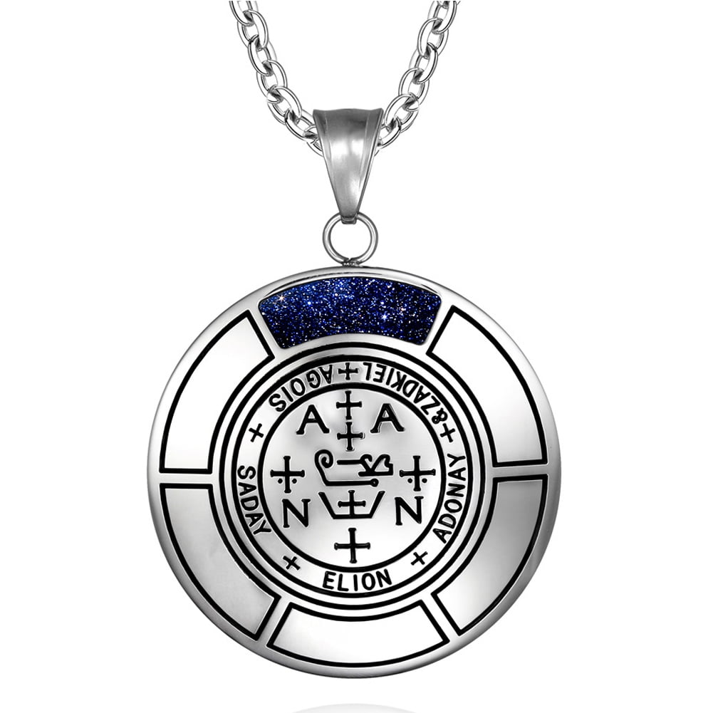 Sigil of Archangel Michael Magic Medallion Angel Amulet Blue Goldstone Pendant 22 inch Necklace