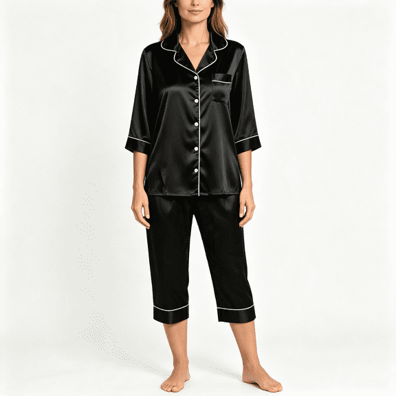 CAZOFW Pajamas for Women,Satin 2 Piece 3/4 Sleeve Top,Capri Pant,Loungewear Pjs Sizes S-2X